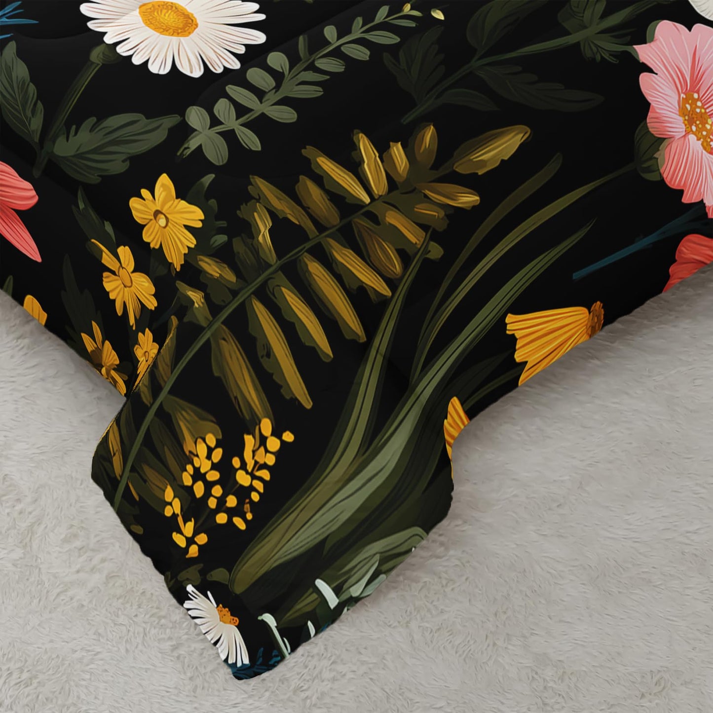 AILONEN Dark Floral Full Comforter Set 3 Piece, Meadow Daisy Poppy Bedding Pack, Green Leaf Microfiber Layer, 2 Pillowcases