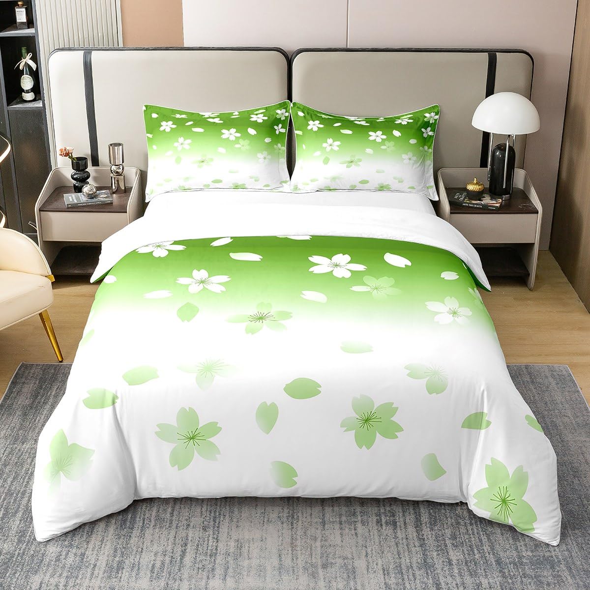 Erosebridal Sakura Duvet Cover Twin Size 100% Cotton Girls Japanese Style Comforter Cover Aesthetic Romantic Cherry Blossom Bedding Set for Kids Boys,Green White Ombre Bed Set