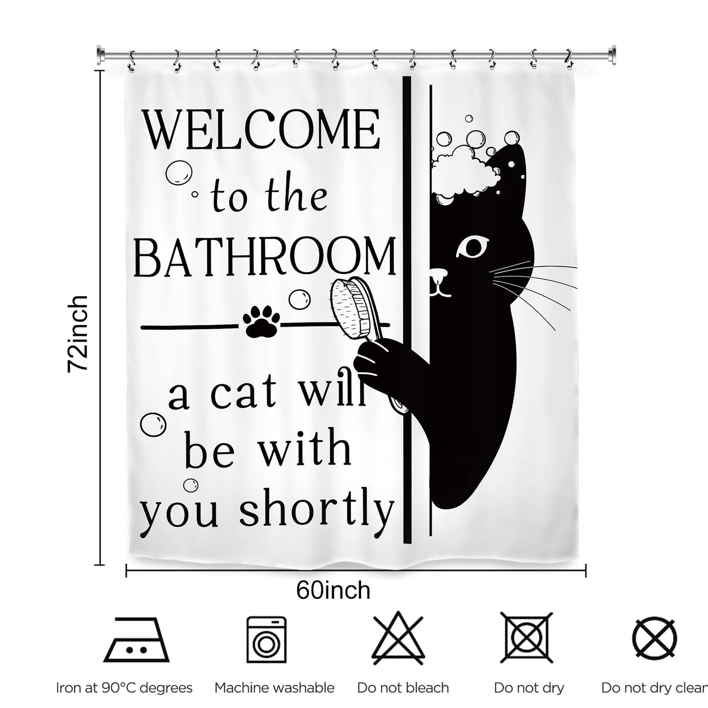 Kalmico Funny Hilarious Black Cat Shower Curtain 60Wx72L Inch Black White Cute Pet Animal Interesting Bathroom Set Accessories Decor with 12 Pack Hooks