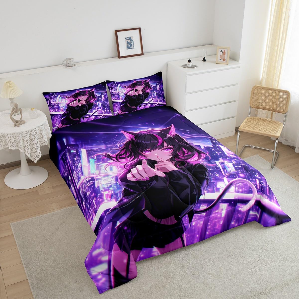 Erosebridal Kids Anime Girl Twin Size Bedding Set, Japanese Anime Comforter Set, Cartoon Girl Duvet Insert for Boys Teens Bedroom Decor, Kawaii Japanese Animation Quilt with 1 Pillow Case