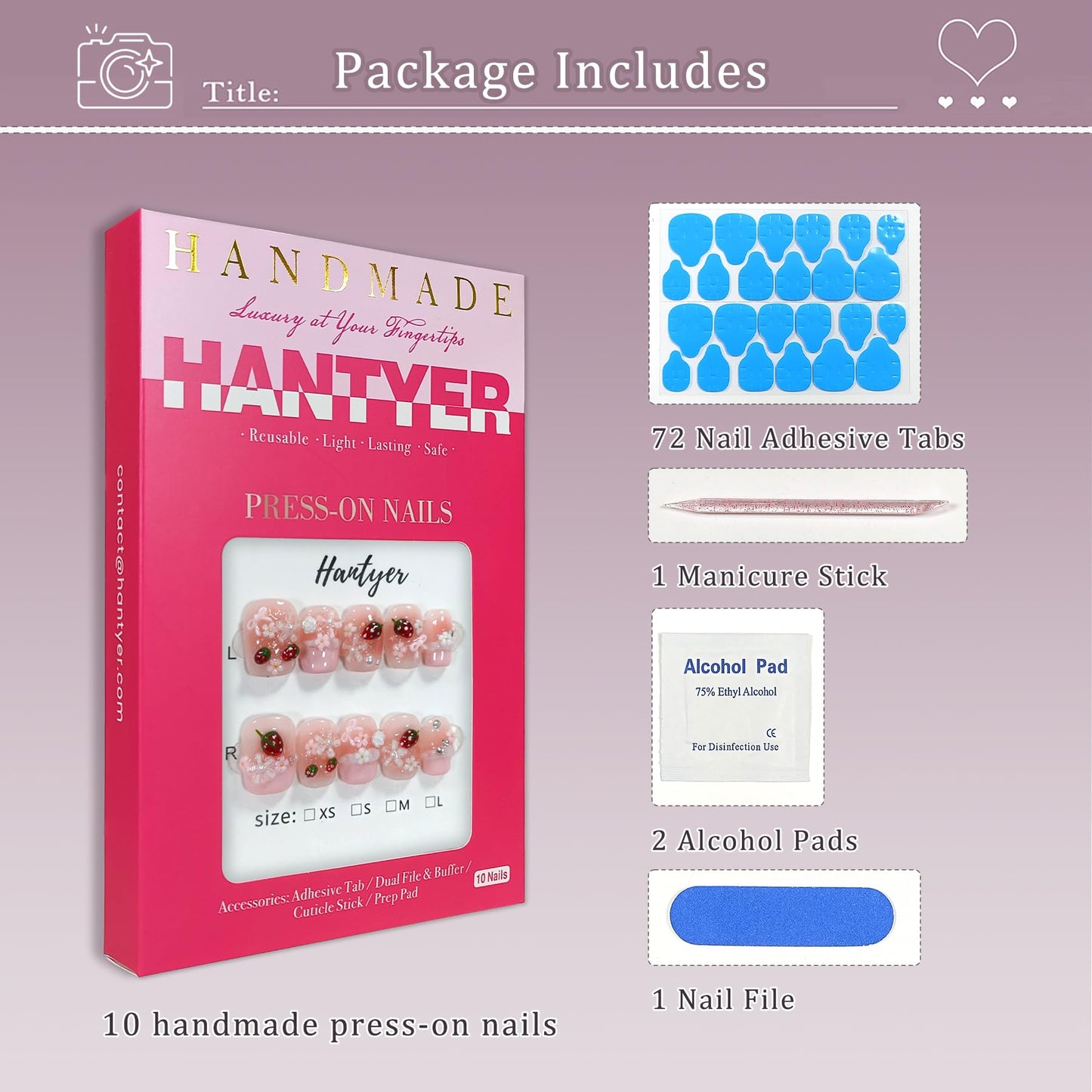 Hantyer 10pcs Pink French Tip Press on Nails with Pink Jelly Strawberry & Pearl Charms, Short Coffin Glossy Iced Sweet Fake Nails, Reusable Kawaii False Nails for Women Birthday Party (Size M)