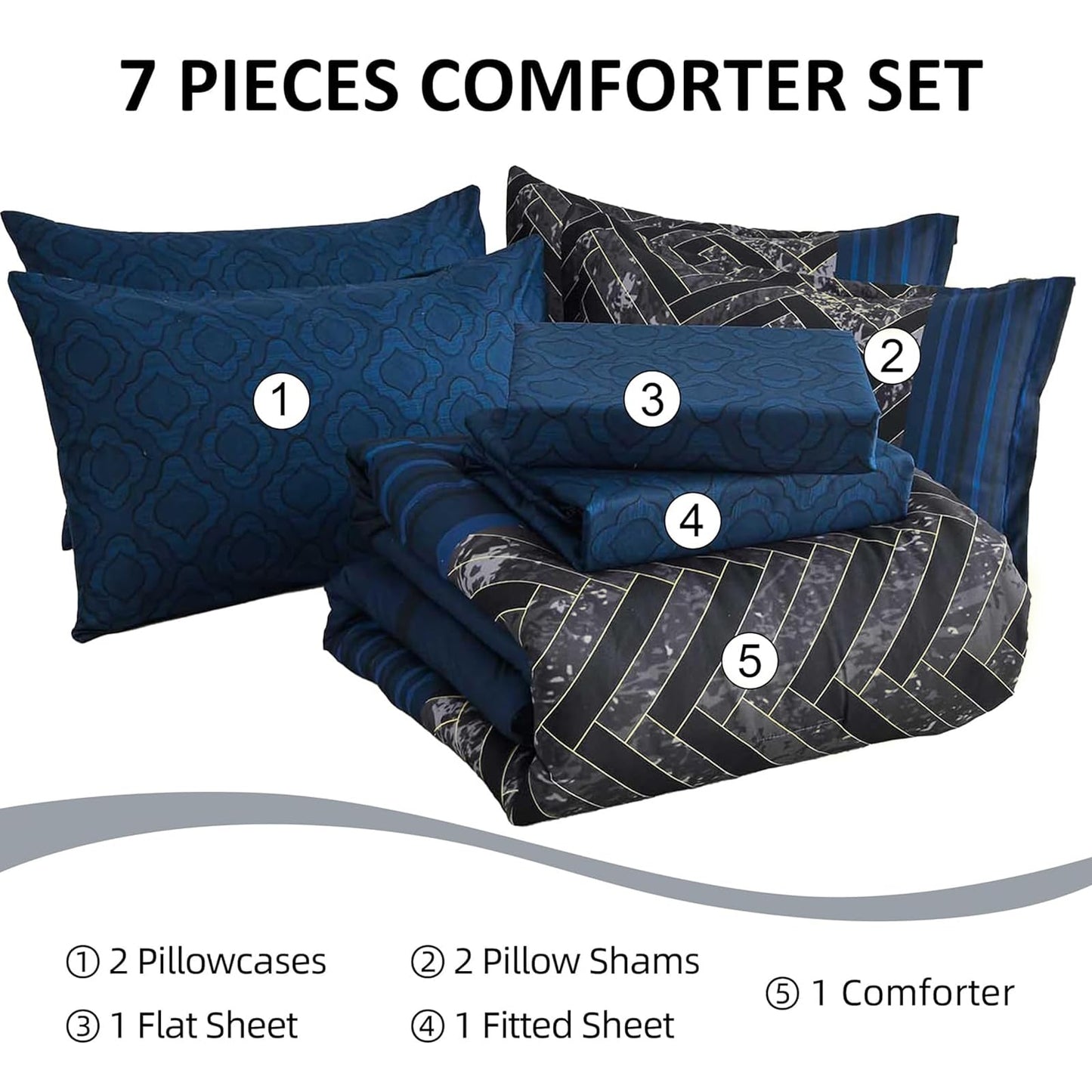 Luxudecor Navy Blue Comforter Set King Size, 7 Pieces Stripe Geometric Bed in a Bag, Soft Microfiber Navy Comforter and Sheet Set Complete Bedding Sets for All Seasons 104"×90"