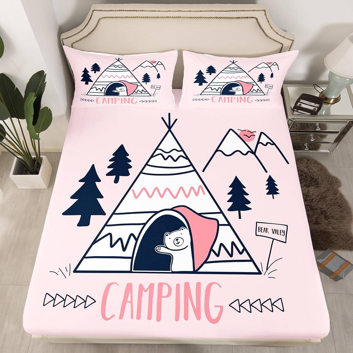 Happy Camping Campers Fitted Sheet Full, Tent Pines Bear Sketch Bedding Set, Happy Outdoors Natural Bed Cover 3 Pcs for Kids Teens Adults Room Decor,Rustic Pink Bed Sheet Set with 2 Pillowcases