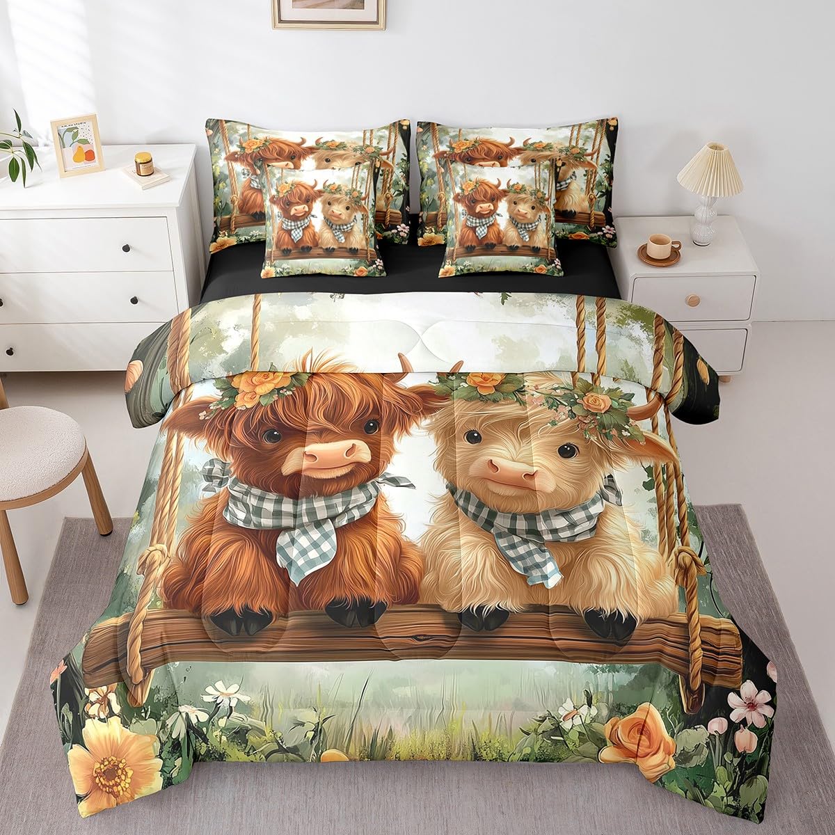 Erosebridal Kids Highland Cow 7 Piece Bedding Sets Western Cow Comforter Bed in a Bag Farmhouse Animal Printed Quilt with Sheet Set,for Children Boy Girl Teen Kids Bedroom Decor,King 7Pcs