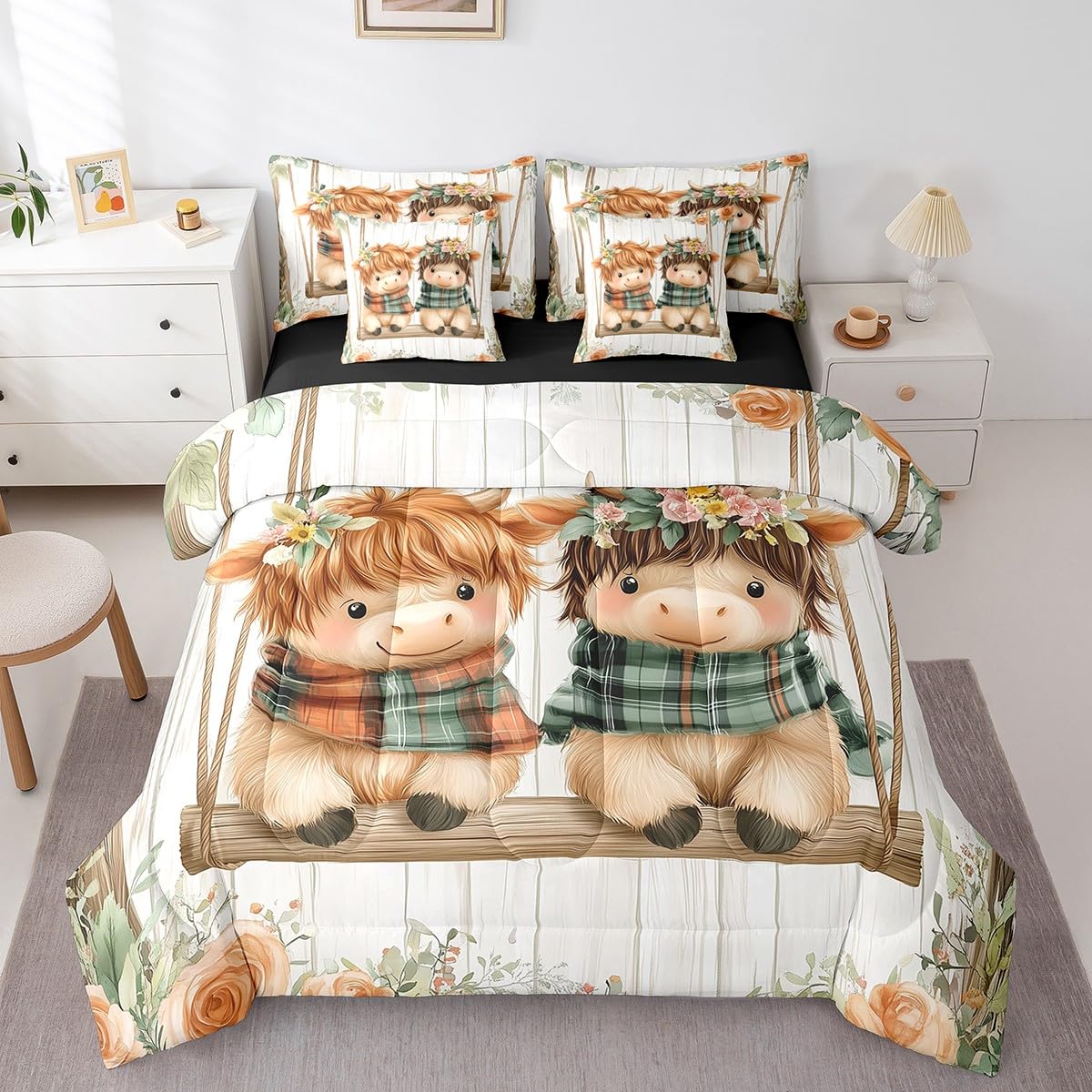Erosebridal King Comforter Set for Kids,7 Pieces Highland Cow Bedding Sets King Bed in a Bag,Reversible Western Cow Bed Set,Farmhouse Animal Comforter, Sheets, Pillowcases and Cushion Cases
