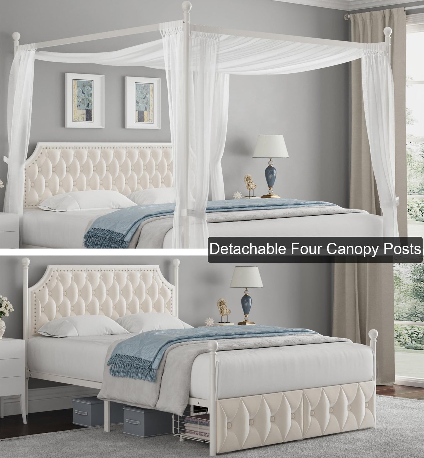 Keyluv Full Upholstered Canopy Bed Frame with 2 Storage Drawers & Button Tufted Headboard, Metal Platform Bed with 4 Removable Posts, Two-Purpose Velvet Bed, Beige/Curtain Not Included