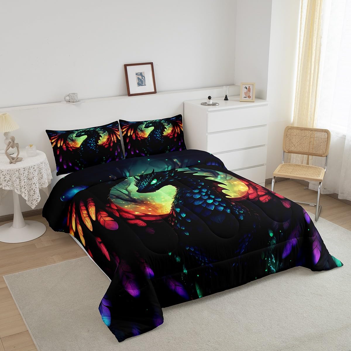 jejeloiu Western Dragon Comforter Set Dragon Scales Bedding Set Full Size for Kids Boys Girls Teens Black Reptile Skin 3D Duvet Set with 2 Pillow Case Wild Animals Comforter