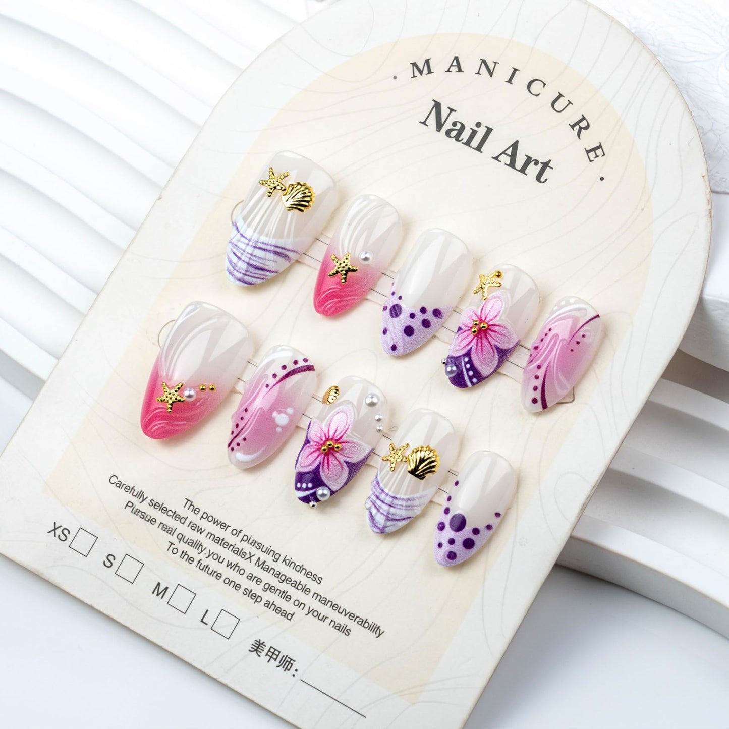 octoswave Press on Nails Almond Medium Length 3D Flower and Seashell Design Glossy Pink Purple Gradient Glue on Nails for Women Girls Summer Vacation Party 30 Pcs