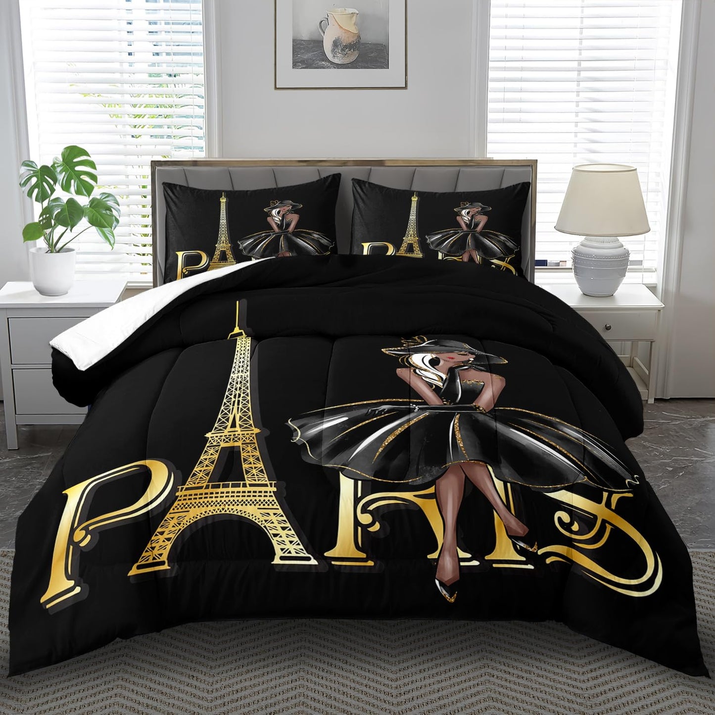 llyxsesty Paris Comforter Set Queen Fashion Girl Comforter for Couple Paris Bedding Set Girls Gold Eiffel Tower Bedding Women Boho Quilt Fashion Aesthetic Room Decor Elegant Home Decor