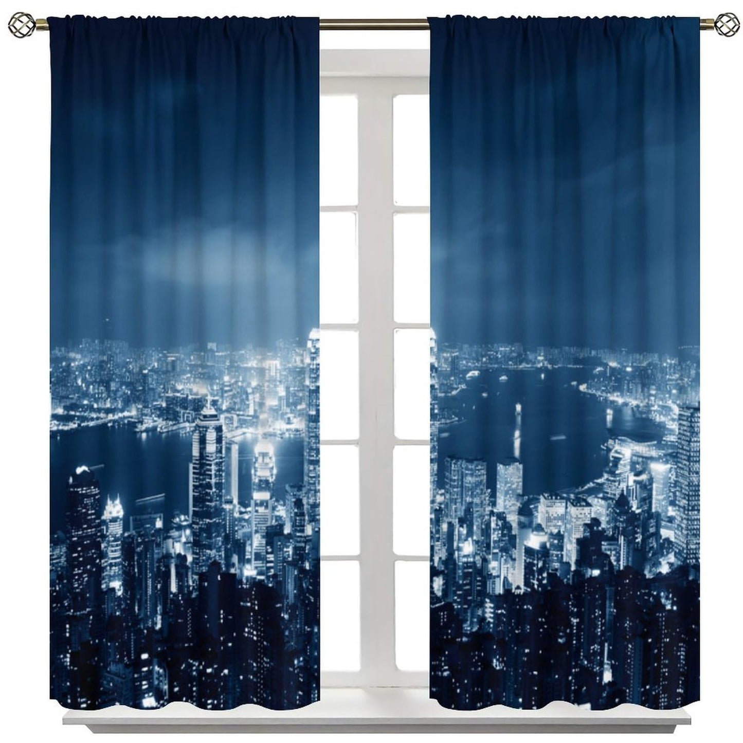 City Skyline Curtains, Blue Night City Lights Harbor View Print, Rod Pocket Light Filtering Window Drapes for Living Room Bedroom, 20.5" W x 44.5" L, 2 Panels （No Blackout）