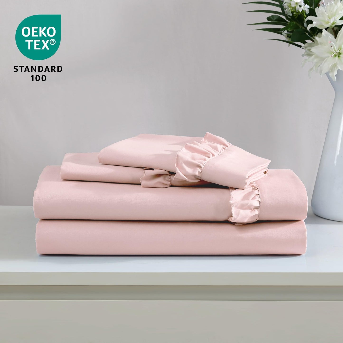 Swift Home Ultra-Soft Elegant 2-inch Ruffled Hem Design on Flat Sheet and Pillowcases, Wrinkle Resistant, Fade Resistant, Deep Pocket, Double Brushed 4-Piece Microfiber Sheet Set - King, Rose Blush