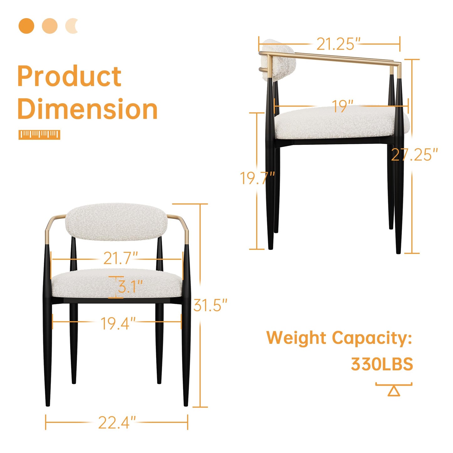 Morden Fort Modern Dining Chairs Set of 2, Cream Boucle Dining Chairs with Upholstered Cushions and Gold Arms for Kitchen, Living Room and Apartment