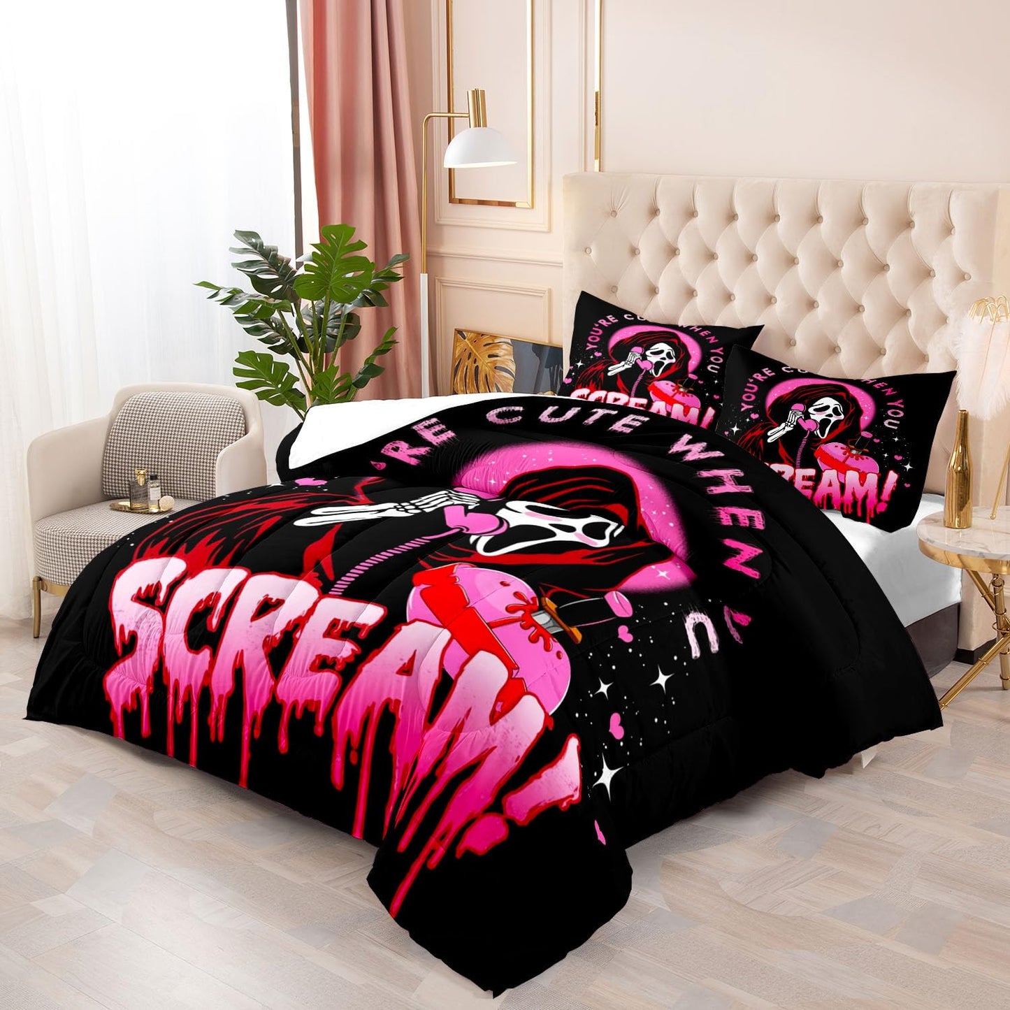 OLEBETY 2 Pieces Funny Ghost Comforter Set Twin Size, Teen Girls Bedding Set, Hot Pink and Black Bedding, Gothic Spooky Scary Horror Scream Skull Face Heart Halloween Bedroom Decor, 1 Pillowcase