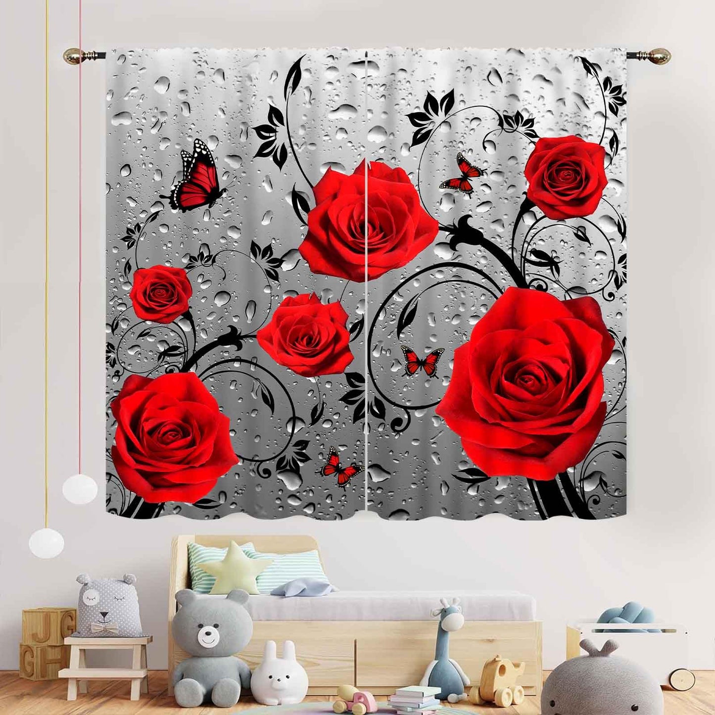 Red Rose Floral Curtains, Modern Abstract Romantic Flower Valentine's Day Romance Raindrops Gray Window Drapery Treatments for Woman Girls Bedroom Living Room Apartment Bathroom 2 Panels, 42"x45" Inch