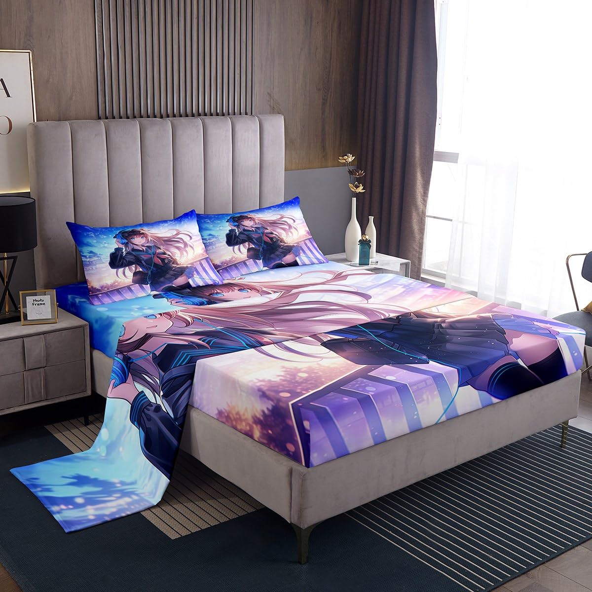Erosebridal Anime Girl Bed Sheets Queen Size, Japanese Anime Fitted Sheet Top for Kids Boys Teens Bedroom Decor, Cartoon Girl Sheet Set Kawaii Japanese Animation Bedding Set with 2 Pillow Cases