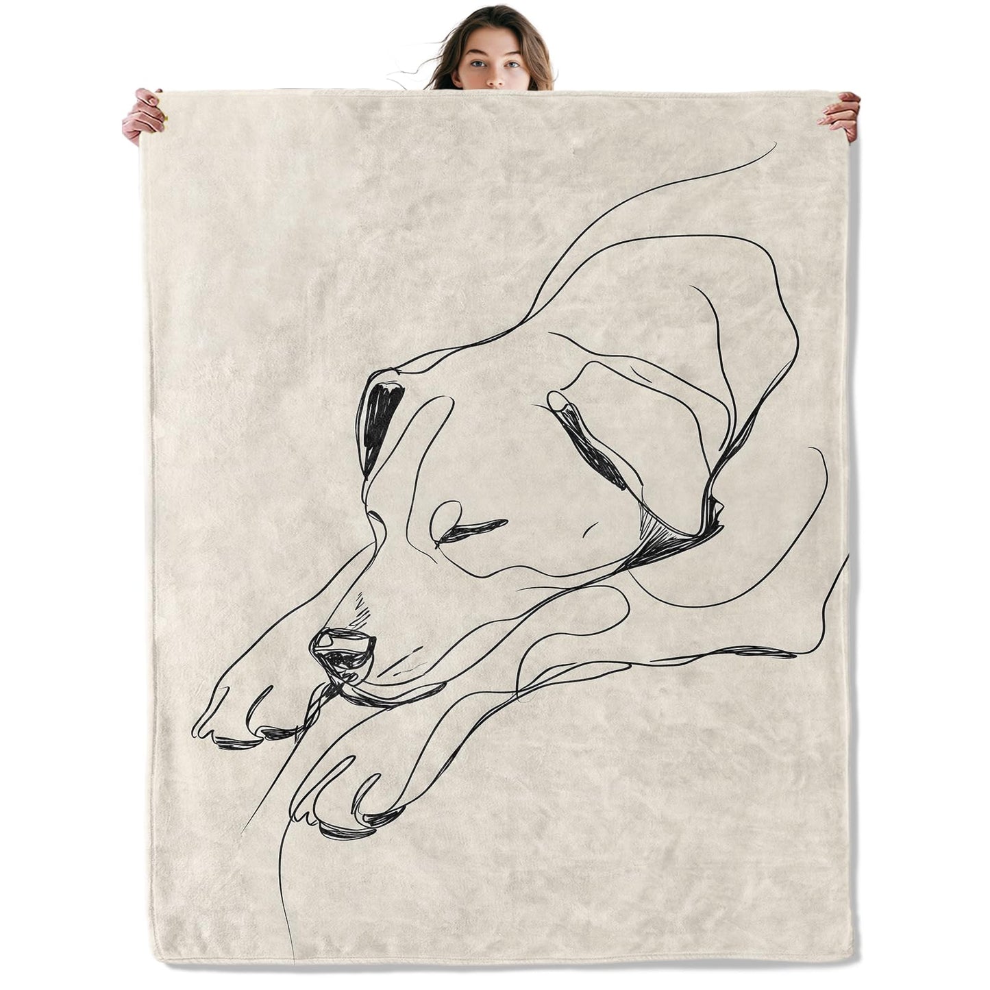 SOMEKLLY Dog Throw Blanket Soft Cozy Lightweight Flannel Blankets with Minimalist Line Art Sleeping Puppy Printed Beige Background for Animal Lovers Bedroom Dorm Office Home Decor Gifts 50x60 Inch
