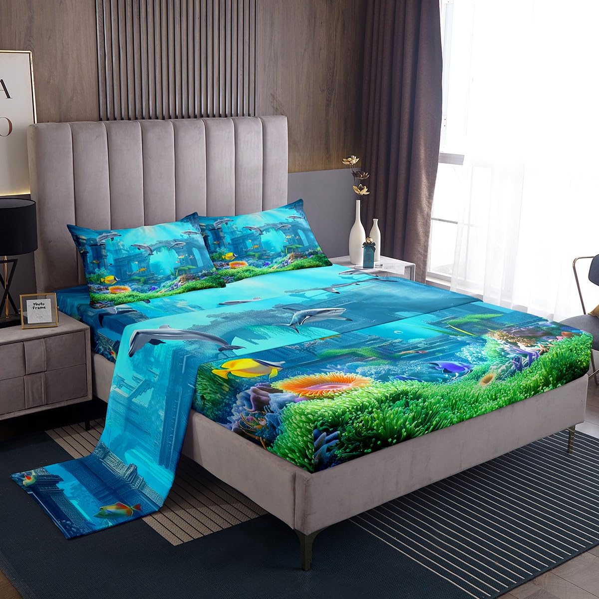 Erosebridal 3D Underwater World Bed Sheets Beach Fish Sea Blue Sheet Set Full Size, Shark Dolphin Fitted Sheet for Kids Child, Jellyfish Starfish Flat Sheet Tropical Sealife Bedroom Decor