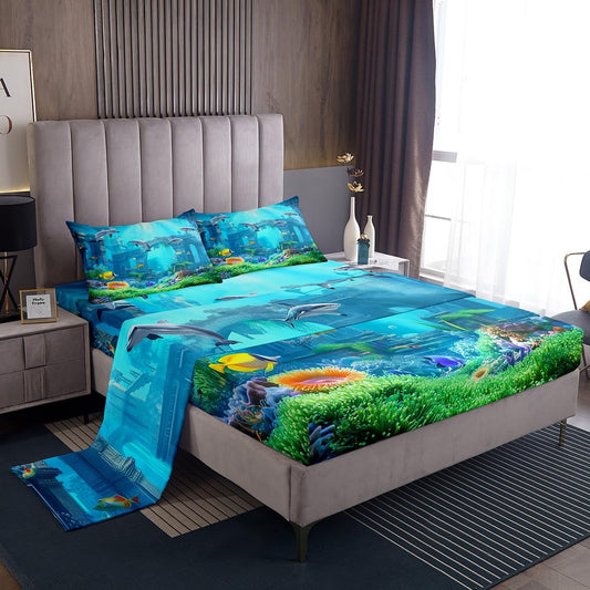Erosebridal 3D Underwater World Bed Sheets Beach Fish Sea Blue Sheet Set Full Size, Shark Dolphin Fitted Sheet for Kids Child, Jellyfish Starfish Flat Sheet Tropical Sealife Bedroom Decor