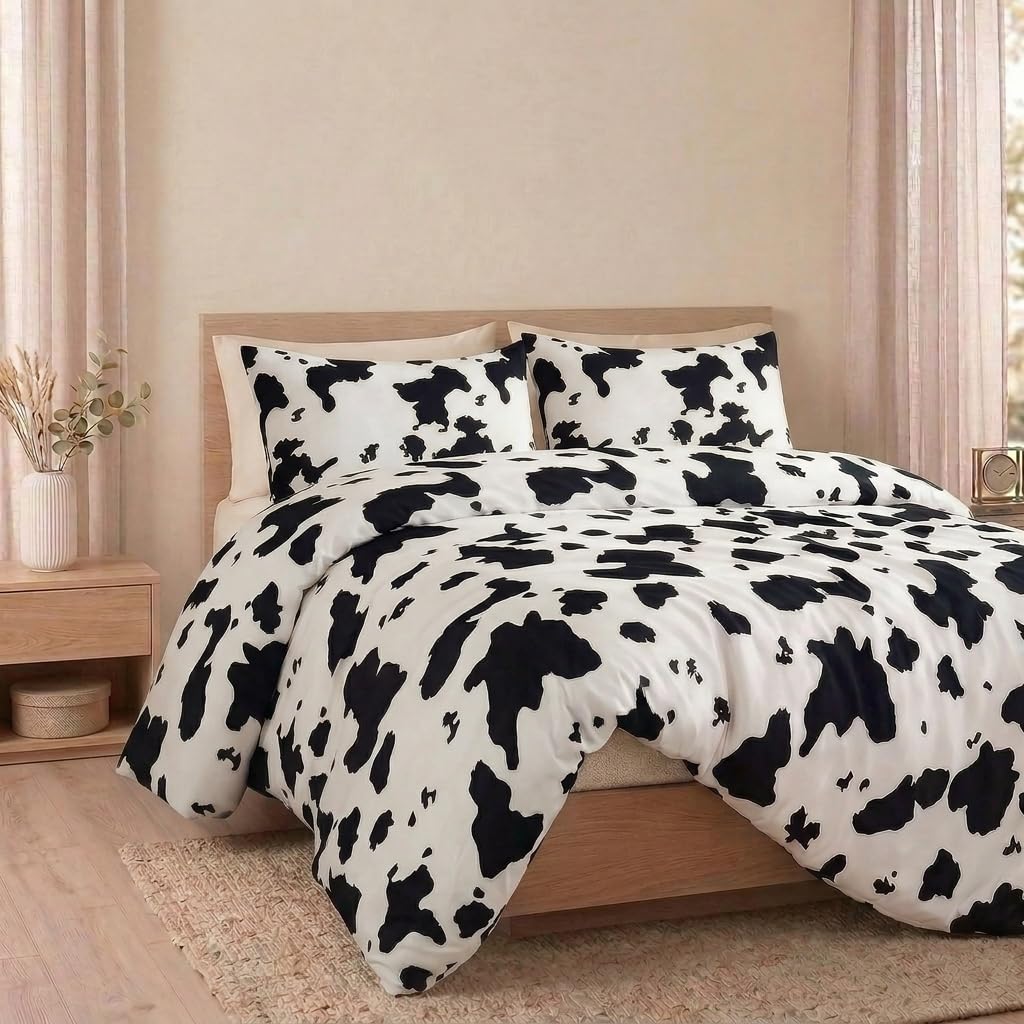 Cozaline 100% Cotton Duvet Cover King Size, Black and White Cow Print Bedding Set with Zipper Closure, Farmhouse Soft Breathable Comforter Cover with 2 Pillowcases for All Seasons