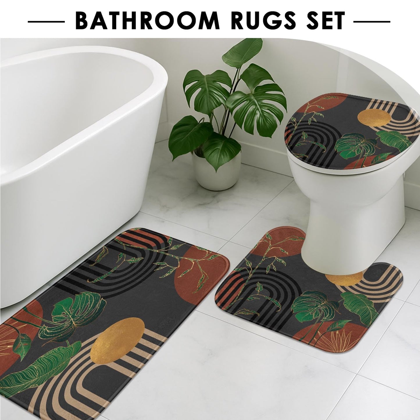 Tayney Brown Boho Mid Century Shower Curtain Set with Toilet Lid Cover and Non-Slip Rugs, Abstract Retro Grey Background 4 Pcs Modern Minimalist Aesthetic Shower Curtain for Bathroom Set with 12 Hooks