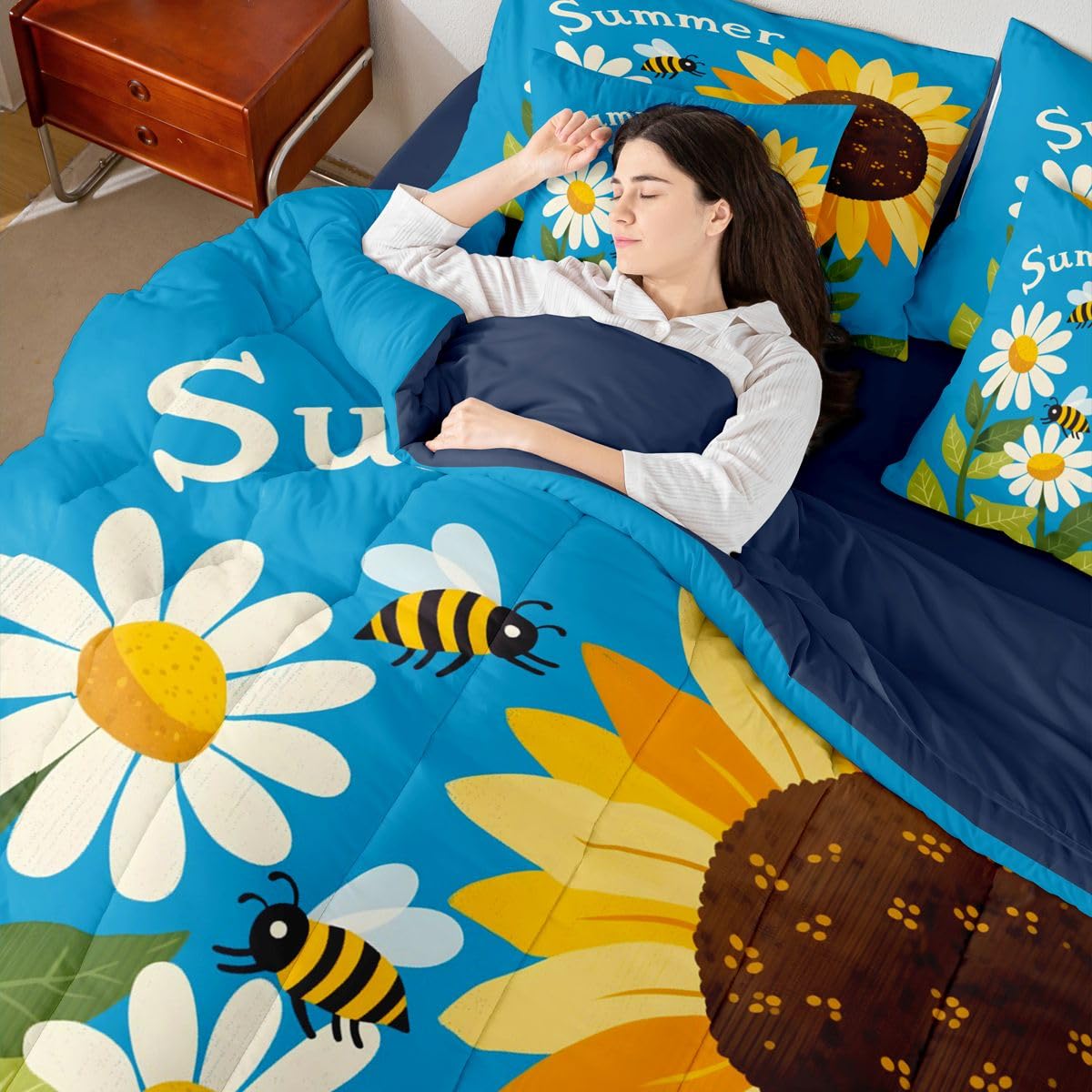 Erosebridal Sunflower Bee Queen Bedding Set Blue Yellow Green Cartoon Daisy Comforter Set Kids Boys Girls Vibrant Summer Floral 7-Piece Bed in a Bag Cheerful Garden Art Quilt Sets