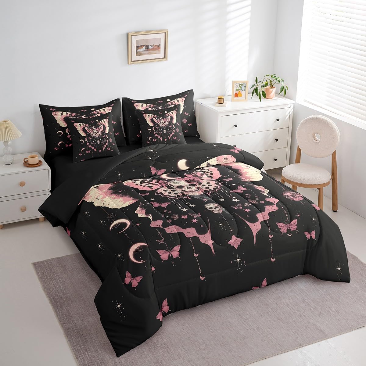 Feelyou Death Moth Skull Heads 7 Piece Bedding Set Twin Size Halloween Decor Comforter Set with Sheets for Kids Boys Girls Adult Moon Butterfly Bed in a Bag Black Pink Bed Set