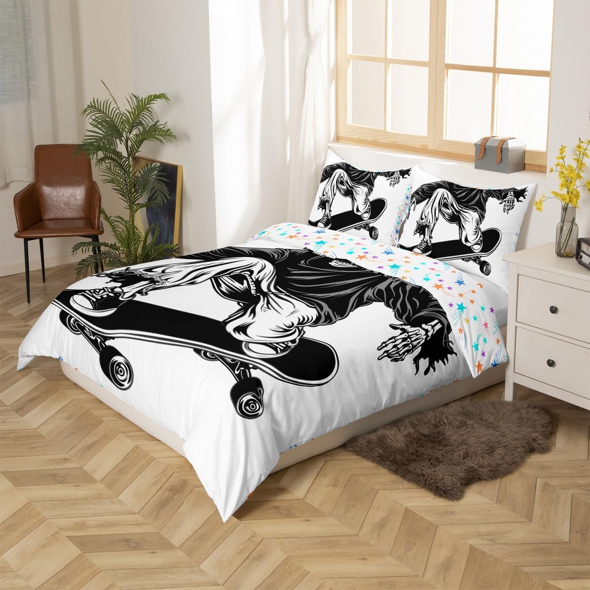 Feelyou Cool Sugar Skull Bedding Set Queen Size Kids Skateboard Comforter Cover Set for Boys Girls Teens Hip Hop Street Culture Duvet Cover White Halloween Theme Bedspread Cover（No Comforter