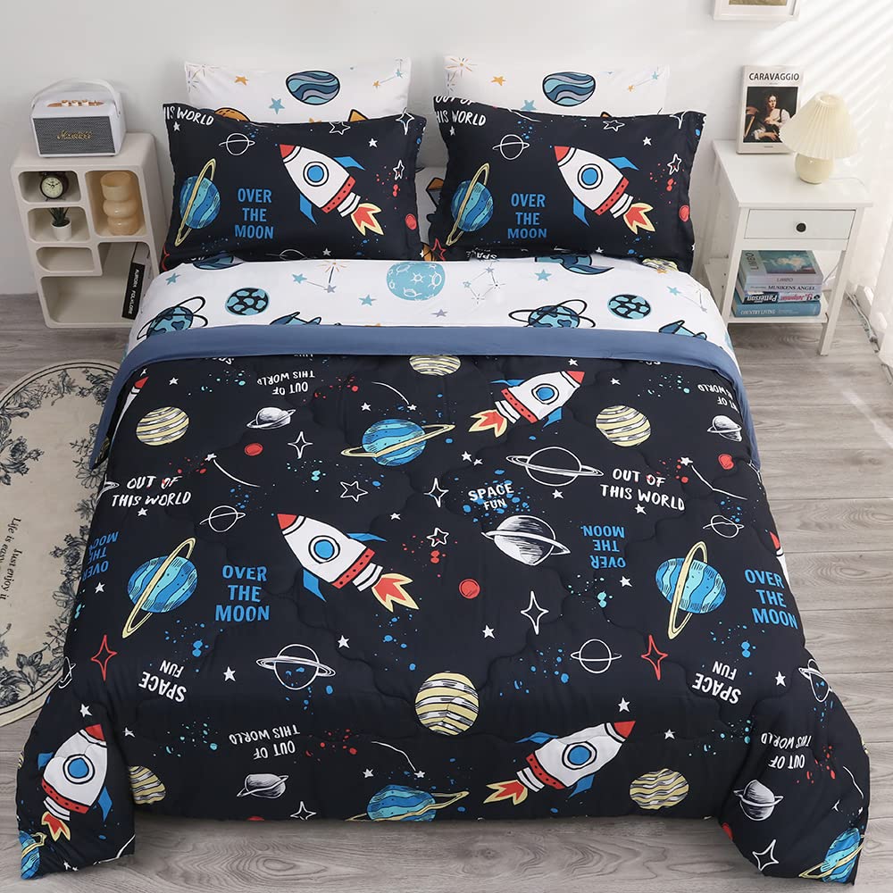 Wajade Kids Space Comforter Set Bed in A Bag Queen Size 7 Piece 3D Space Rocket Planets Bedding Set for Teens Boys Girls (1 Comforter, 1 Flat Sheet, 1 Fitted Sheet, 2 Pillowcase and 2 Pillow Sham)