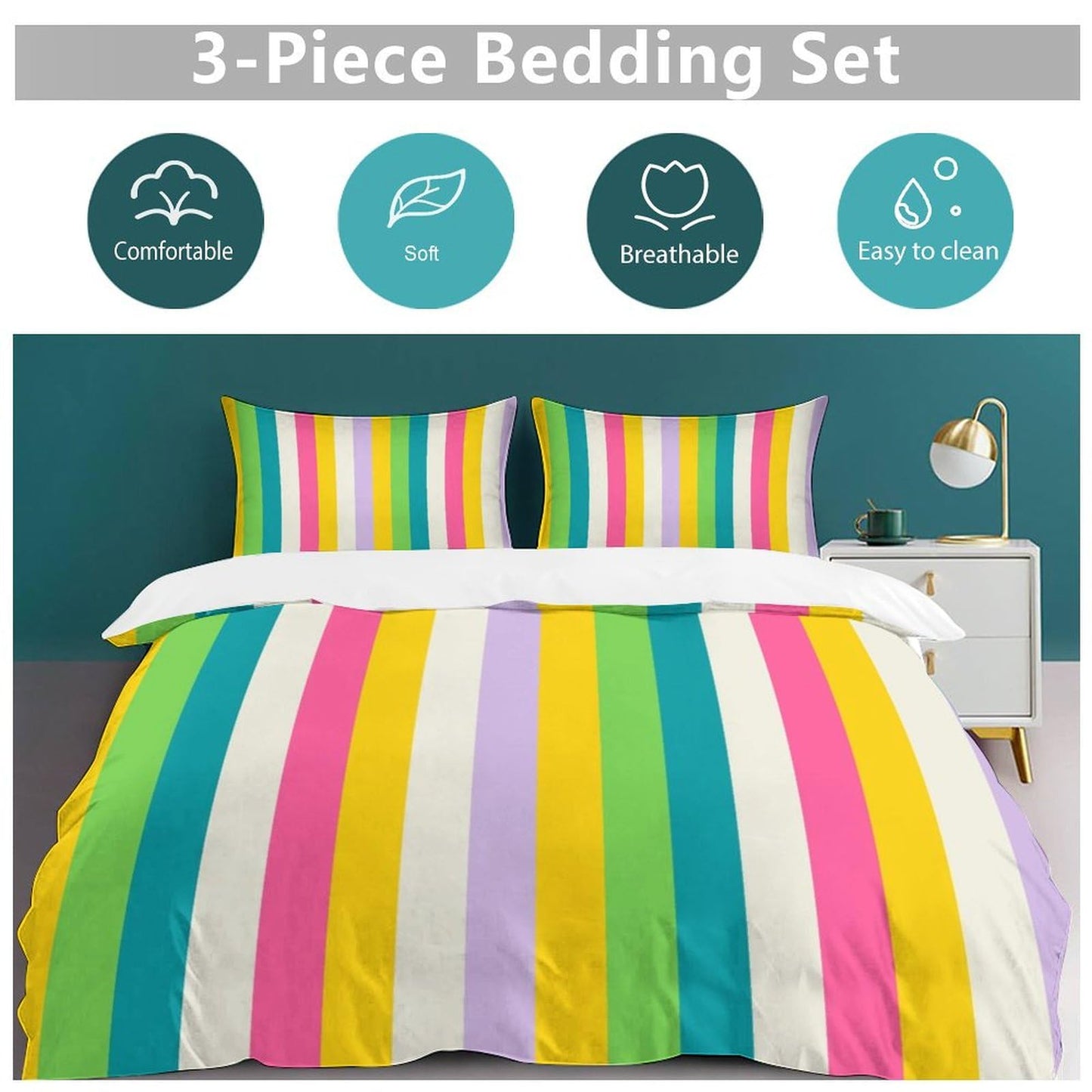 Focusbrite Rainbow Duvet Cover Set, Rainbow Lines Pattern Spectrum of Colors Abstract Art Decorative，Aesthetic Abstract Art Bedding 3 Piece (1 Duvet Cover 86"x70" + 2 Pillow Sham 20"x30")