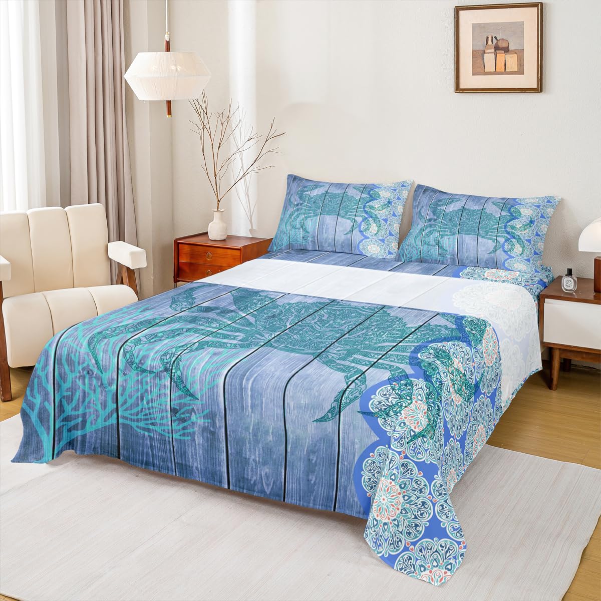 Erosebridal Blue Crab Sheet Set,Hippie Boho Mandala Bed Sheets Queen Sea Ocean Nautical Theme Flat Sheet Beach Animal Fitted Sheet Wood Board Home Room Decor,4Pcs with 2 Pillow Shams
