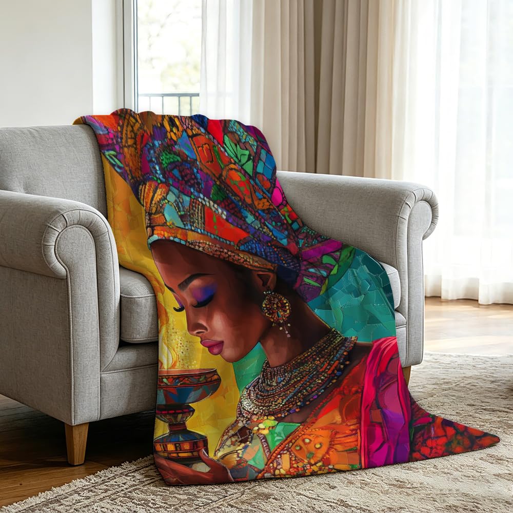 HUNXIAOJ African American Throw Blanket Black Girl Blanket African Gifts for Women Tribal Bedding Ethnic Decor Warm Soft Flannel for Sofa Couch (49in x 59in)