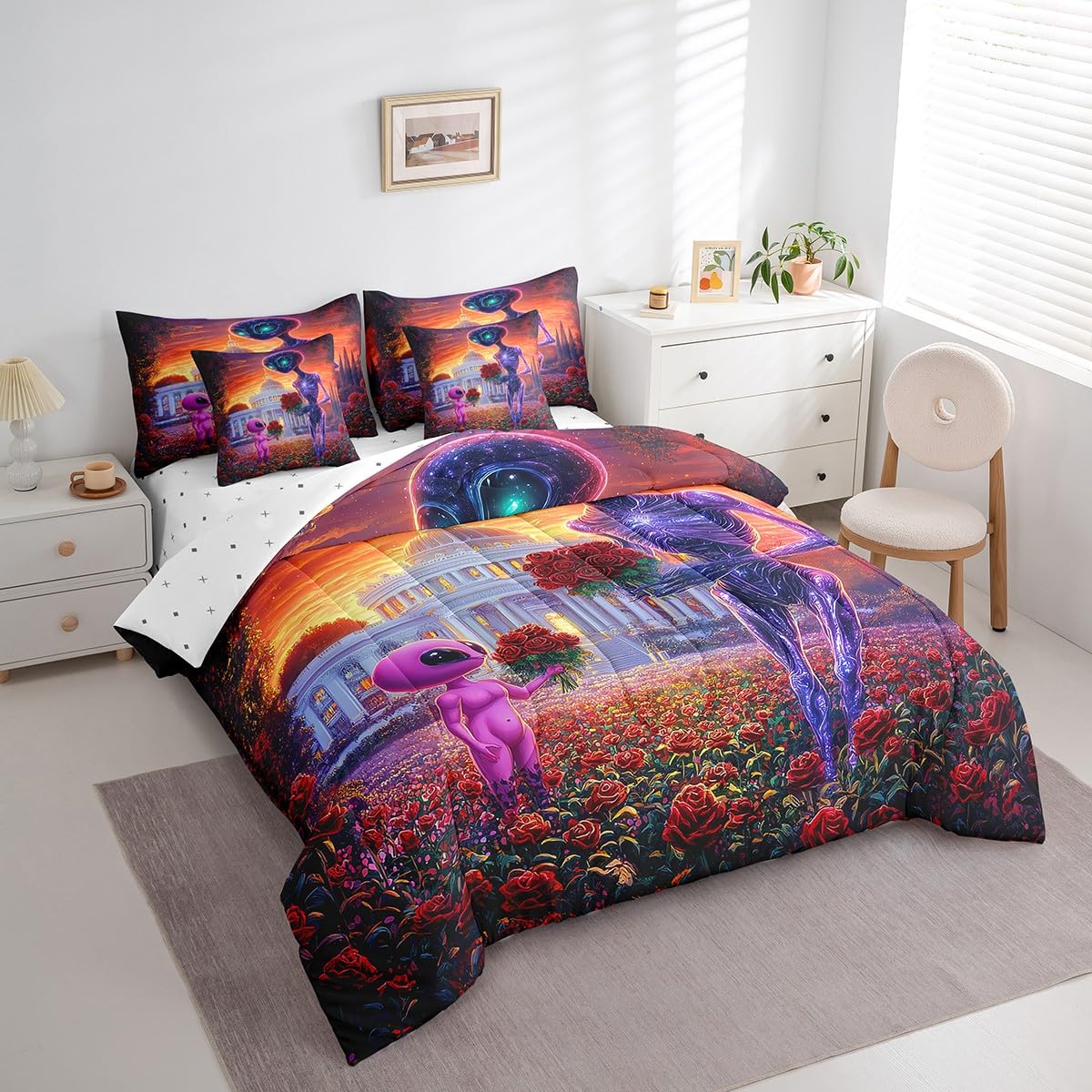 Erosebridal Space Alien Full Size Comforter Set Red Roses Valentine's Day Bed in A Bag for Adults Men Women,Cartoon Alien Couple 7 Piece Bedding Set Romantic Flowers Garden Bed Set