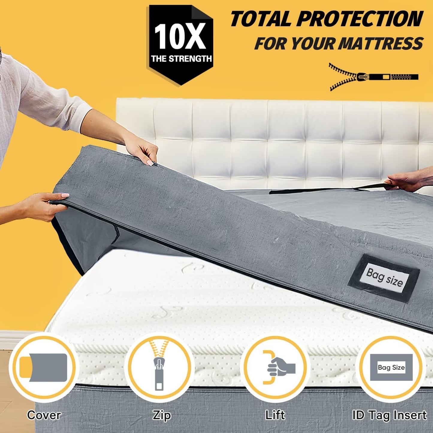 Mattress Bags for Moving and Storage, BETU Twin Mattress Protector Waterproof Mattress Cover with 8 Heavy Duty Handles and Zipper Extra Thick Moving Supplies for Dorm Bed Reusable (77x42x13.5 Grey)
