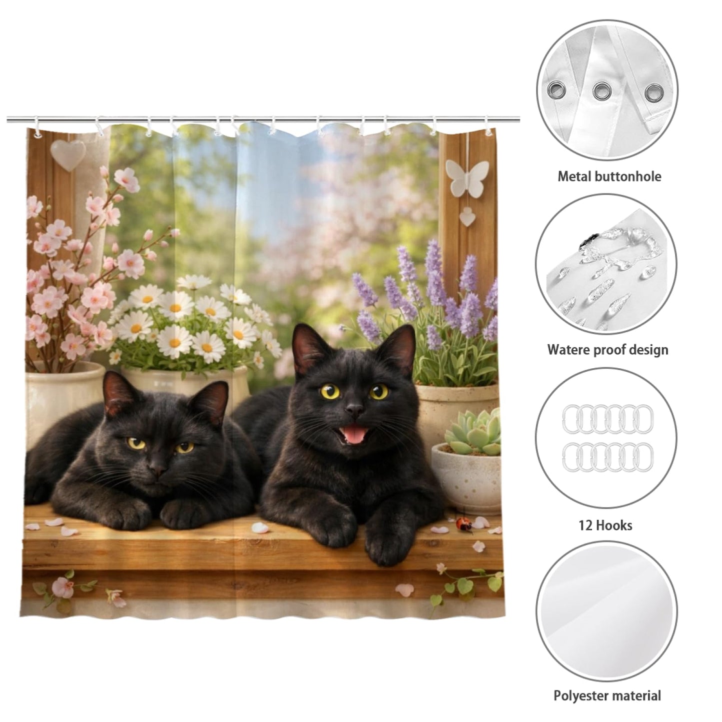 REZHOCH Fun Black Cat Shower Curtain 72x72Inch Cute Animals Home Bathroom Decor,Spring Summer Floral Window Scene Rustic Farmhouse Plants Soft Pastel Nature Waterproof Bath Set