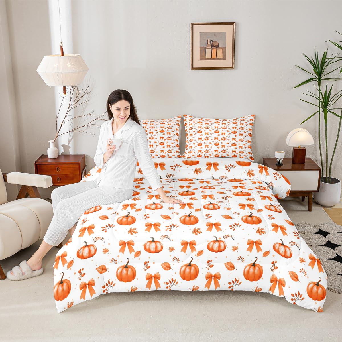 Erosebridal Thanksgiving Pumpkin Comforter Set Fall Decorations Bow Full Size Bedding Sets | Autumn Harvest Theme Comforter Maple Leaf Fall Leaves Bowknot Bed Set
