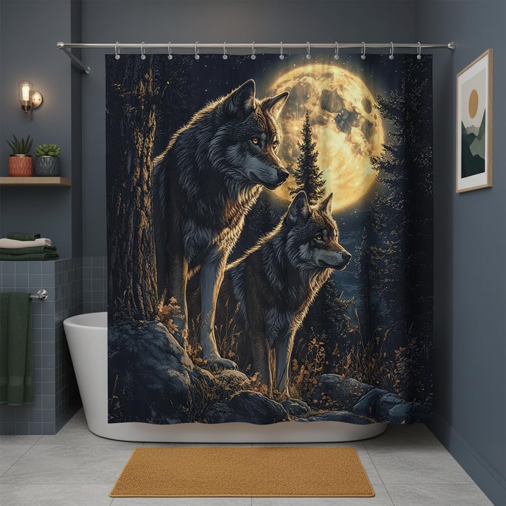 Wolf Shower Curtain Wild Animal Stand Under Super Moon Black Grey Starry Pine Tree Misty Forest Safari Country Hunting Theme Bathroom Polyester Curtains Set with Hooks 70x70 Inch