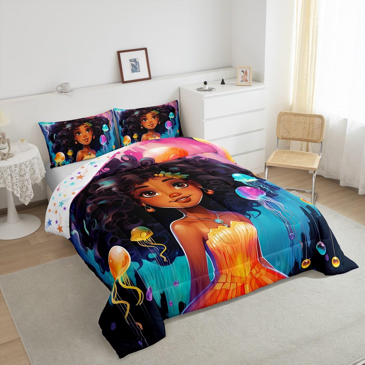 Erosebridal Black Girls Bedding Set Afro Girl Twin Comforter Set for Girls,American African Mermaid Princess Magical Quilt for Toddler Kids Teenager,Jellyfish Kawaii Room Decor