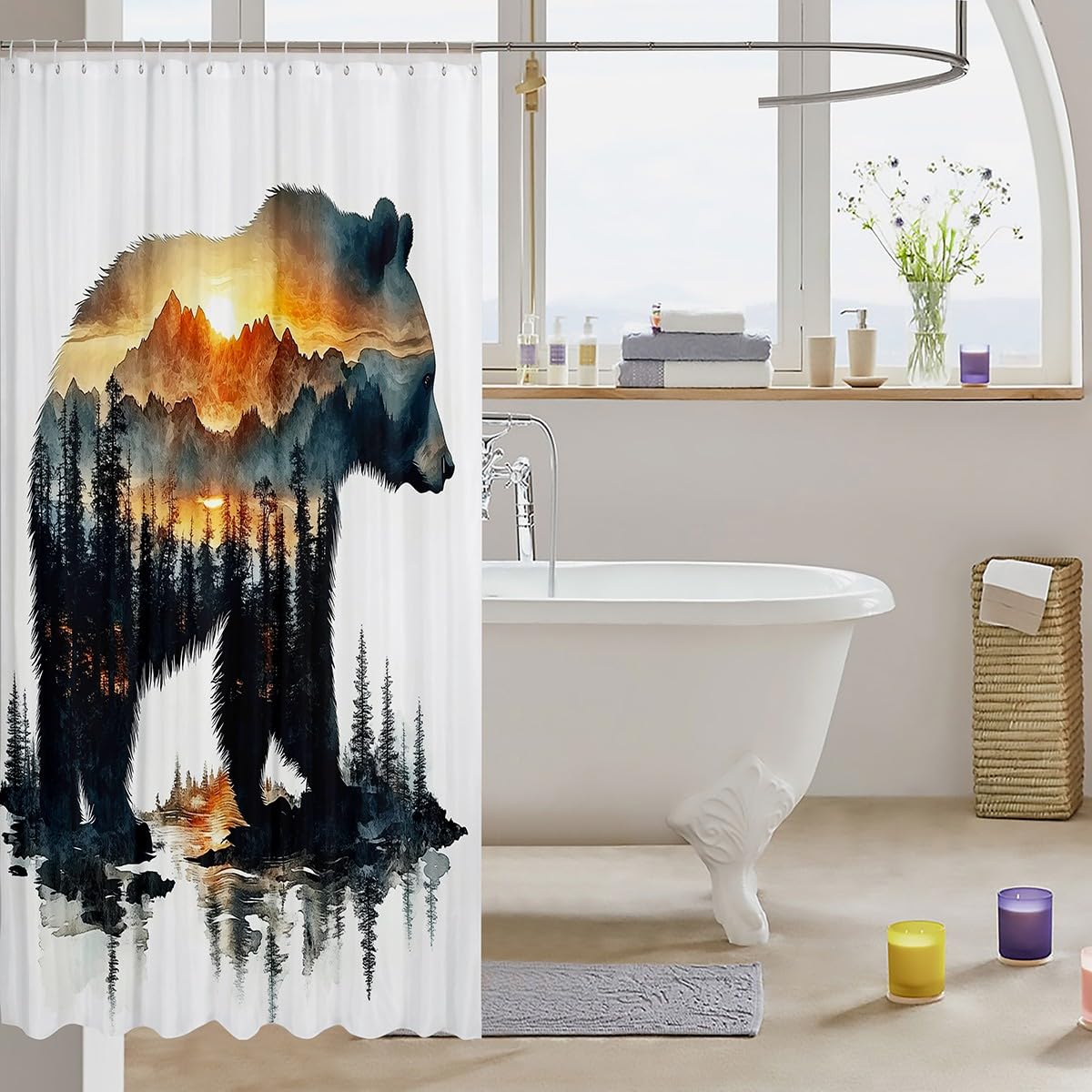 Feelyou Bear Bathroom Shower Curtain Set 78" L x 72" W Rustic Cabin Country Shower Curtain for Boys Girls Nature Wildlife Bath Curtain Kids Bathroom Accessories