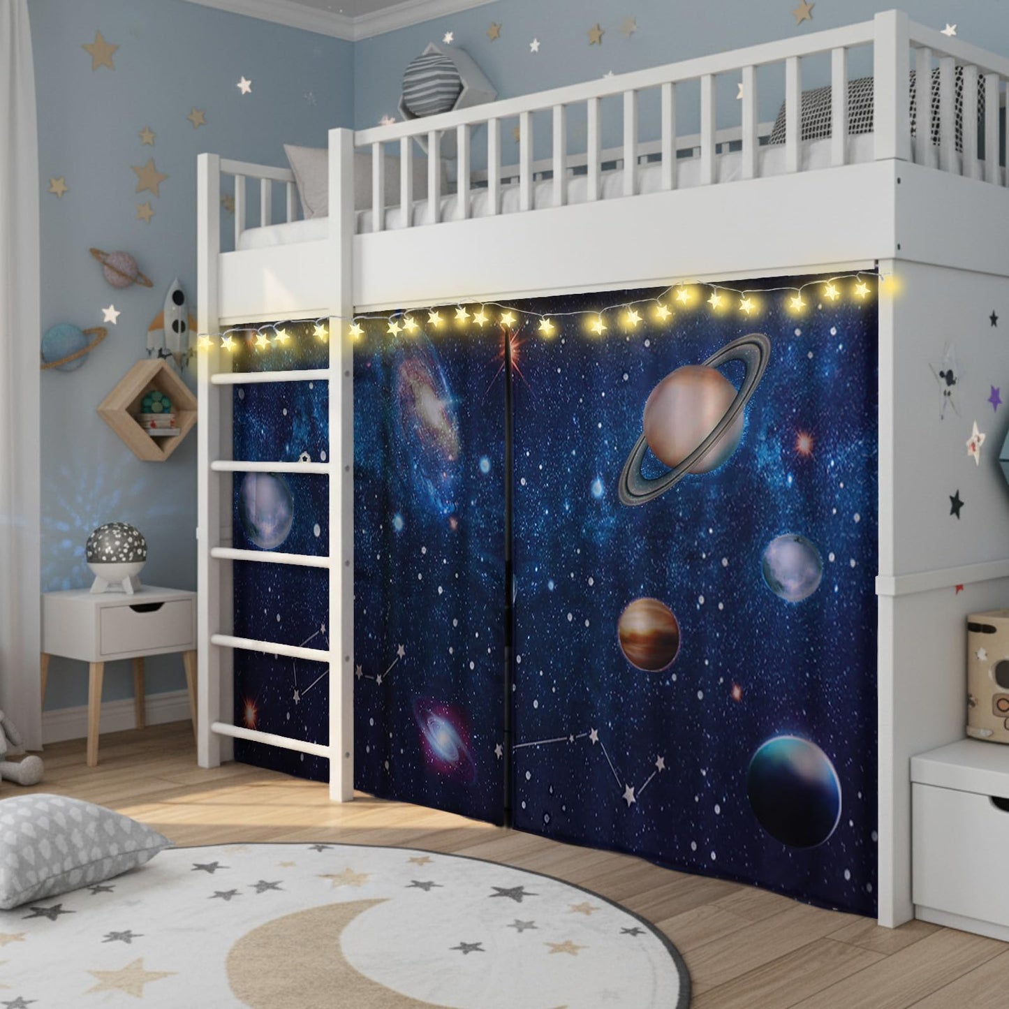 Frienda Galaxy Loft Bed Tent Curtain Set 75 x 36 x 41.5 Inches Space Bunk Bed Tent with String Light Galaxy Blackout Curtains Decoration for Home Bedroom Dorm Privacy Protection Decoration