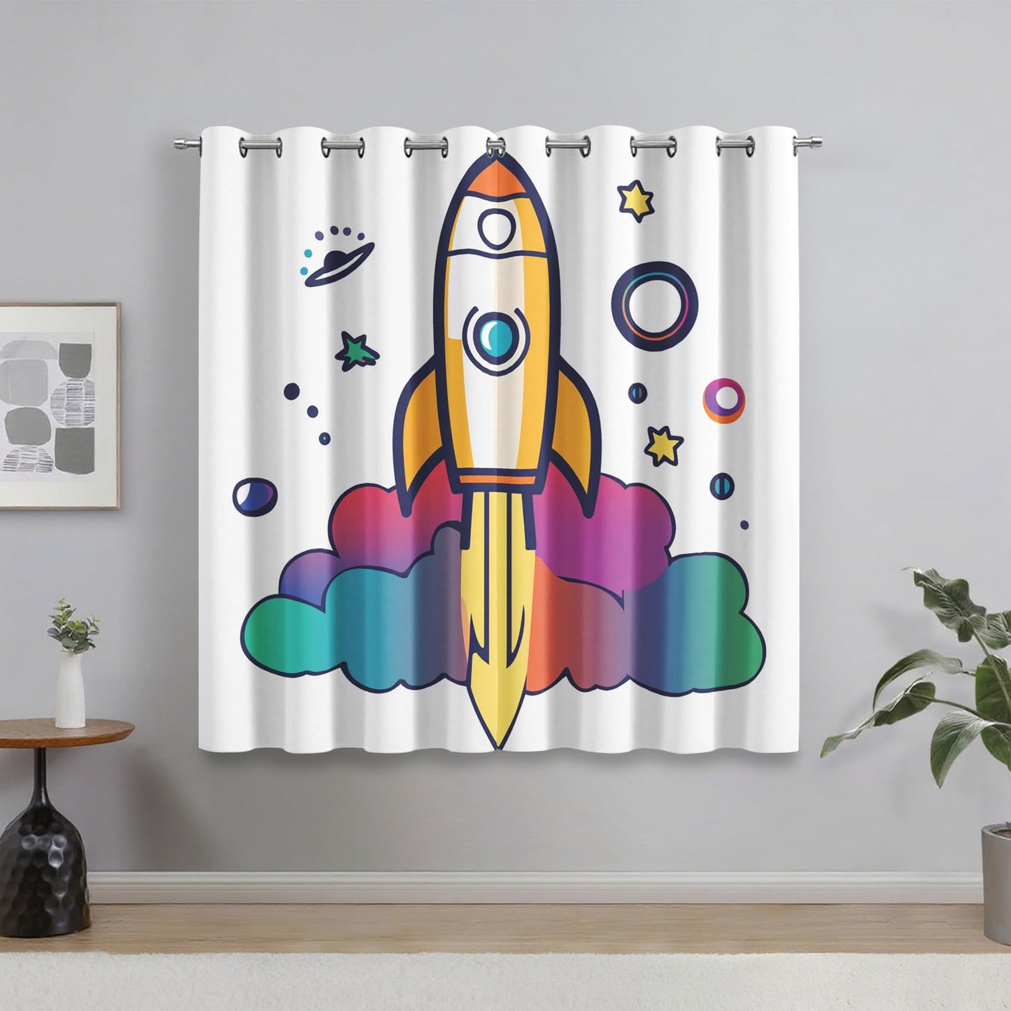 Cartoon Rocket Curtains Blackout & Home Decor, UFO Planet Curtains Bedroom Living Room Decor, Kids Boys Girls Thermal Insulated Grommet Drapes 63 Inch Long, 2 Panels Set N3Q-142