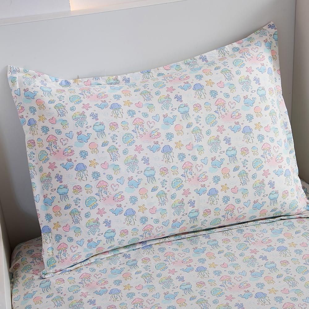 KWLOVER 2PC Soft Bed Fitted Sheet and Pillowcases Set,Cute Jellyfish Marine Organisms Theme Pattern Printed Bed Sheets for Kids Boys Girls Twin Size Bed (Ocean Blue, Twin)