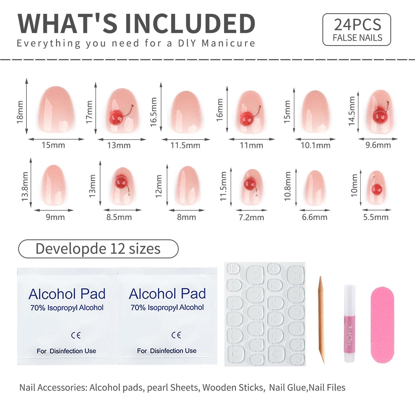 Oval Press On Nails Short – Pink Glitter Jelly Fake Nails with Cherry Accent, Glossy Acrylic Stick On Nails, Reusable 24PCS False Nails Kit with Glue & Tools for Women
