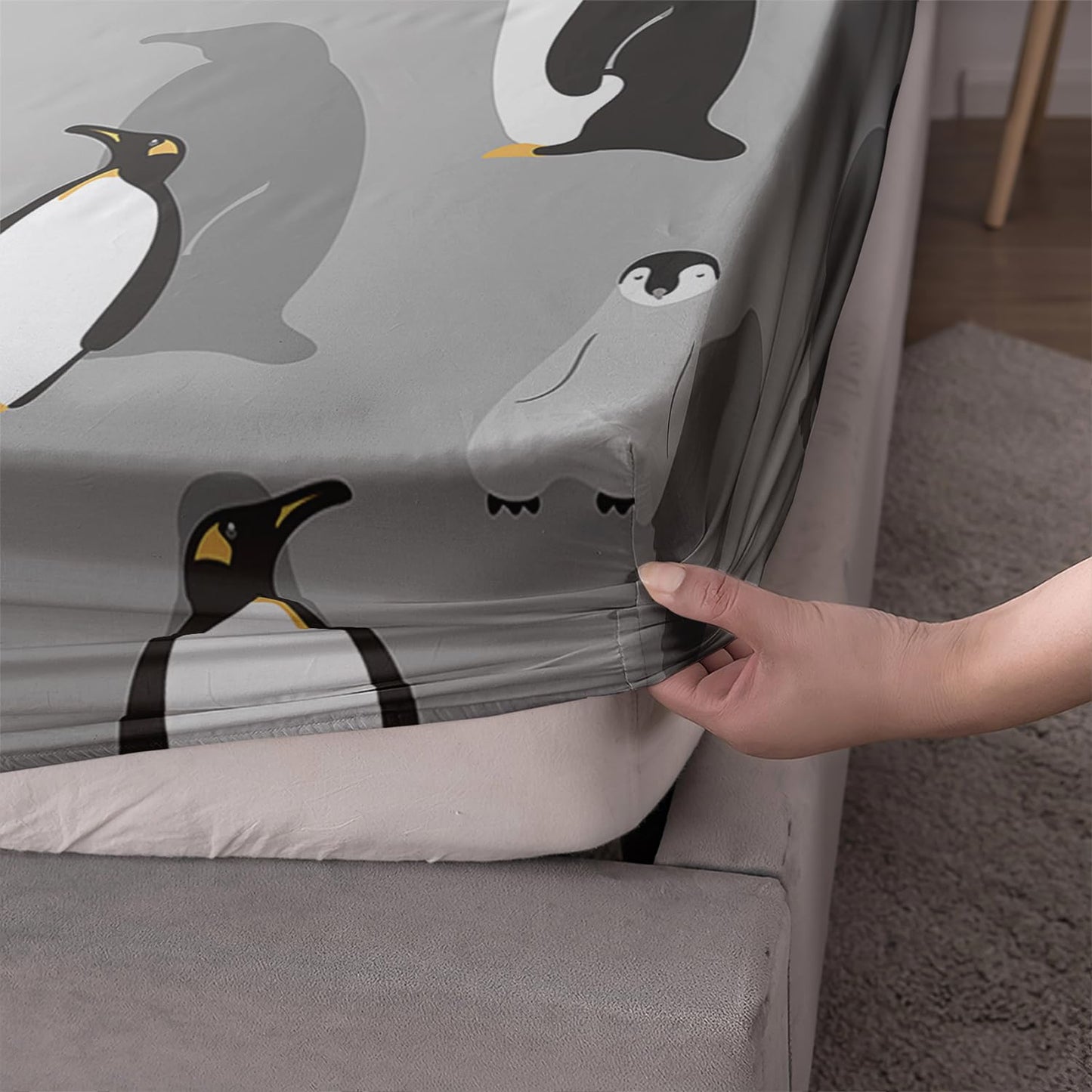 XYNHML Cartoon Penguin Fitted Sheet 3Pcs Twin Antarctic Wild Animal Bedding Set for Kid Teen Girl Boy Adult Grey White Black Safari Penguin Sheet Decor with 1 Fitted Sheet+2 Pillowcases No Flat Sheet