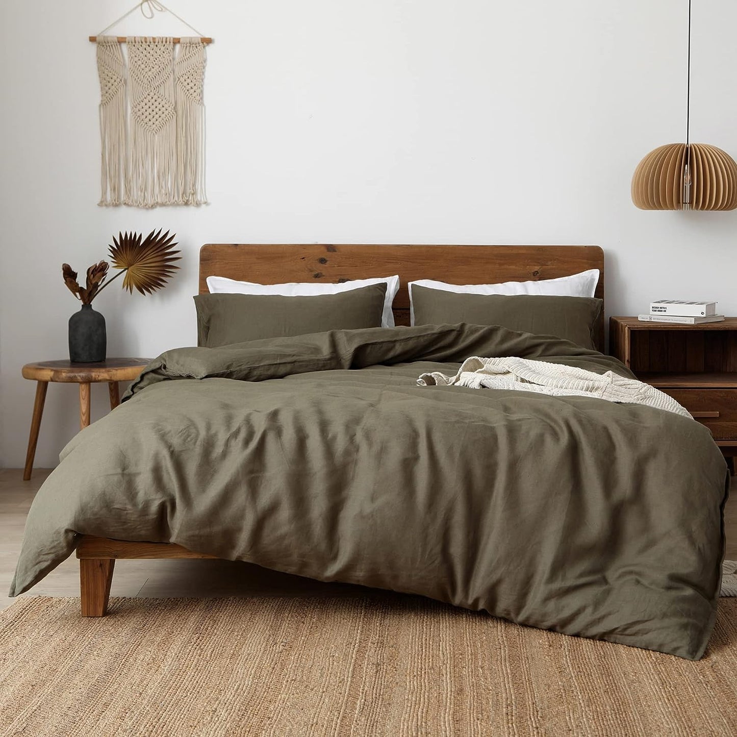 XZ XIFA Olive Green Linen Duvet Cover California King, 100% Washed French Flax Linen Bedding Set with Zipper Closure, Cooling & Textured Bed Sets for Hot Sleepers(1 Duvet Cover, 2 Pillowcases)