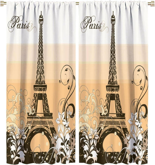 HZOHNAGO Paris Eiffel Tower Curtains Retro Figure Vintage Golden Tower Pattern Blackout Print Rod Pocket Window Drapes for Bedroom Living Room 42x45in