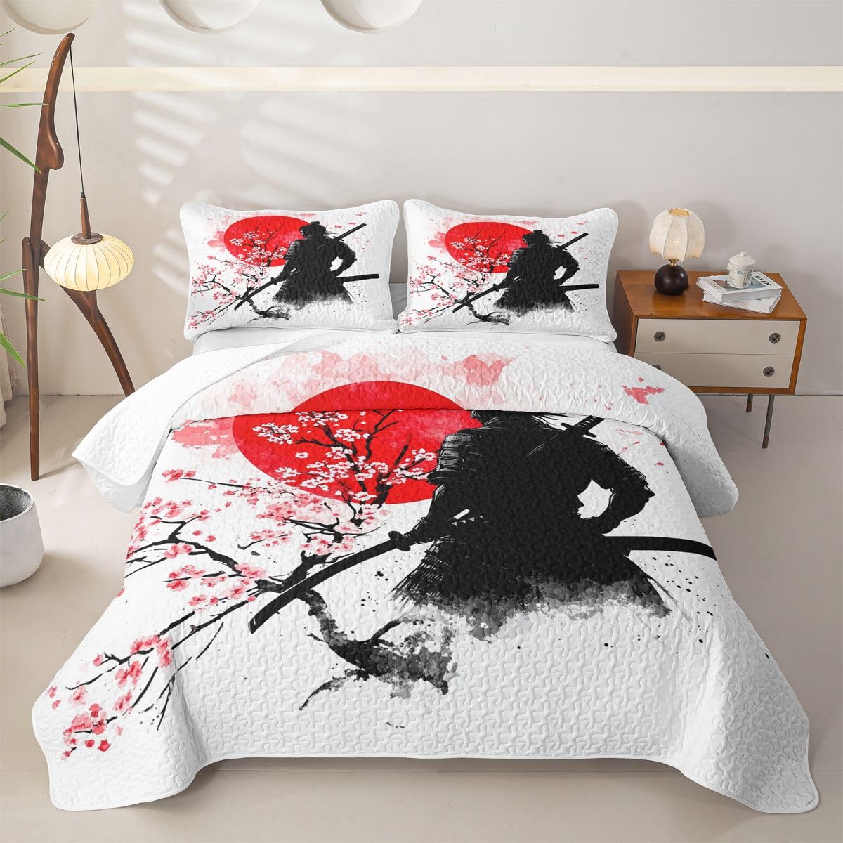 Erosebridal Geisha and Samurai Quilt Twin Size - Red Sun Bedspread Japanese Style Bed Coverlet with 1 Pillowcase