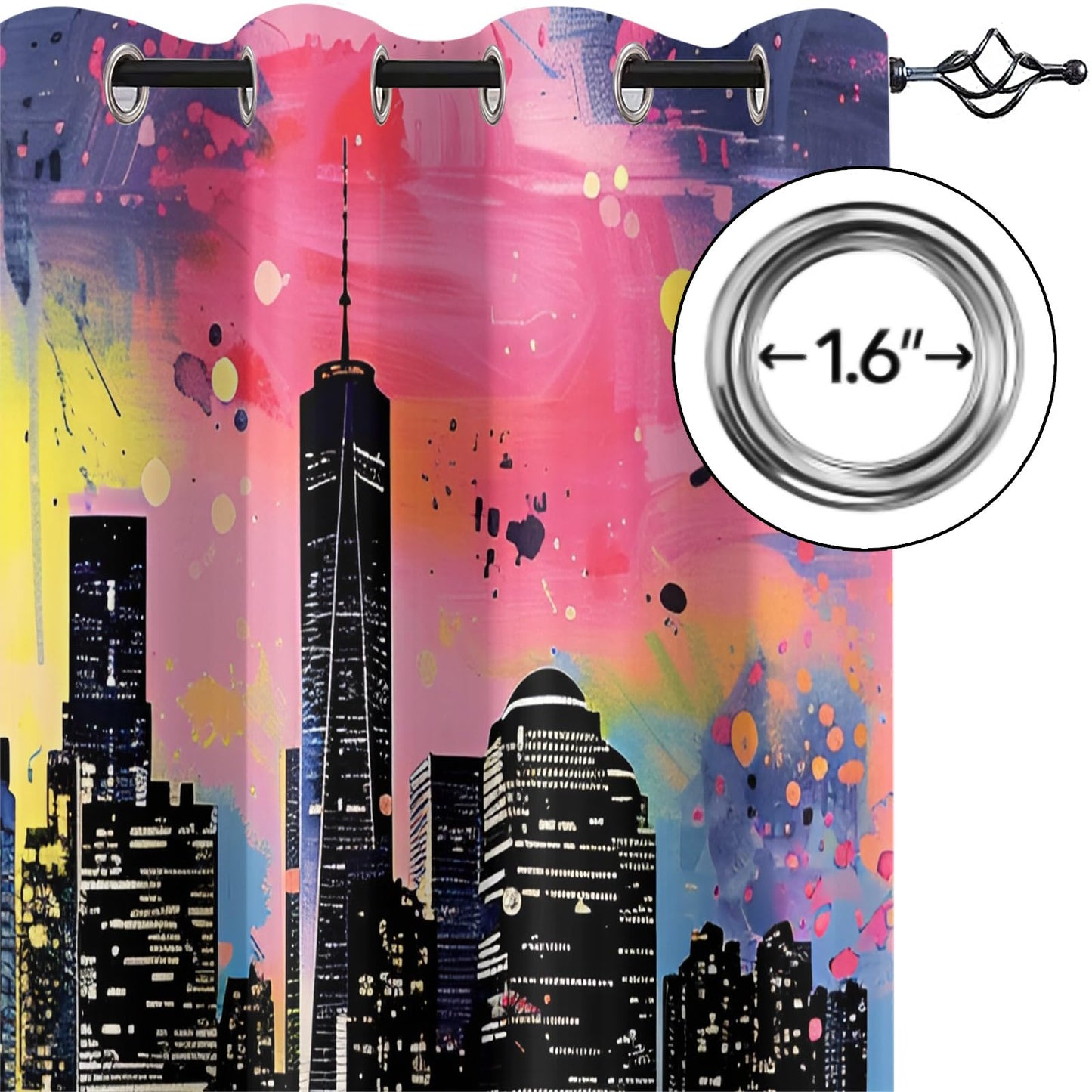 XAFIAUR Urban Architecture Blackout Curtains, Skyline Landscape Printed Drapes, Color Splatter Thermal Insulated Drapes 2 Panels Darkening Window Curtain for Bedroom Living Room 31.5" W x 63" L x2