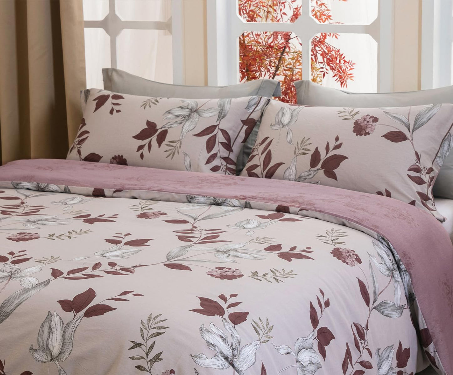SLEEPBELLA Comforter Queen Size, 600 Thread Count Cotton Burgundy Botanical with Grey Floral Pattern Pink Reversible Comforter Set,Down Alternative Bedding Set 3Pcs(Queen, Burgundy Botanical)