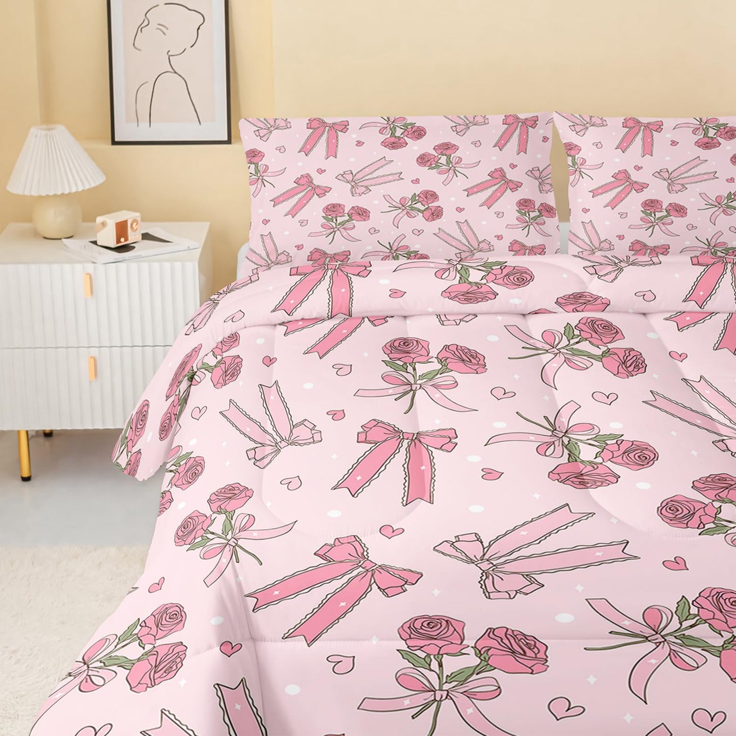 QOOMO 3Pcs Bow Comforter Set Twin,Pink Floral Bedding Set for Teens Boys Girls,Pink Bowknot Printed Comforter with 2 Pillowcases,Down Alternative,Soft and Lightweight