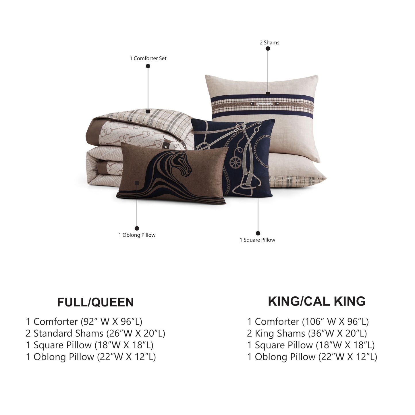 Bebejan Equestrian 5 Piece Comforter Set, 100% Cotton Sateen, 220 Thread Count, Tan Reversible Bedding Comforter Set, 1 Comforter, 2 Shams & 2 Pillows (King/Cal King)